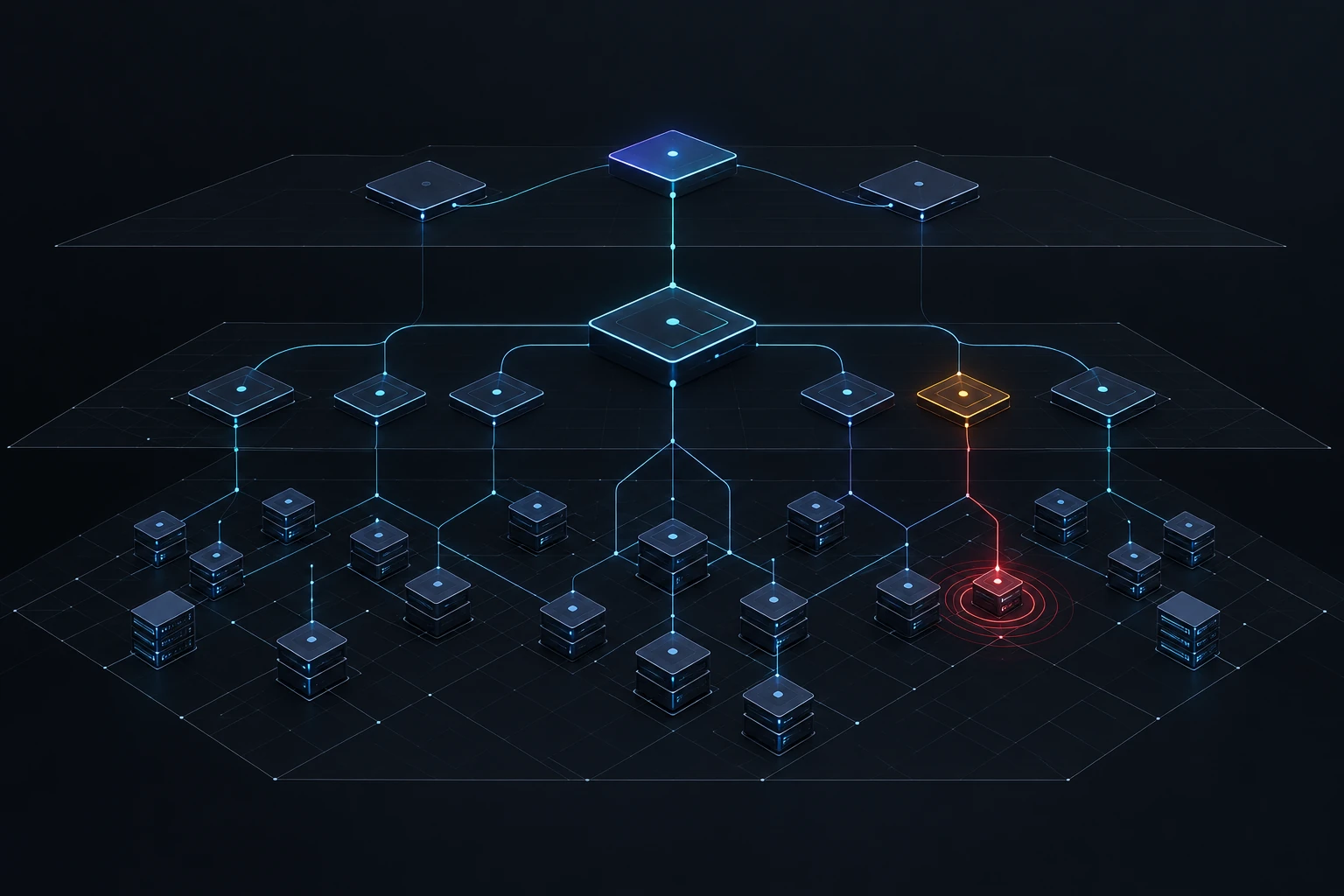 Estate hierarchy in the dark theme: locations, infrastructure, services and products.